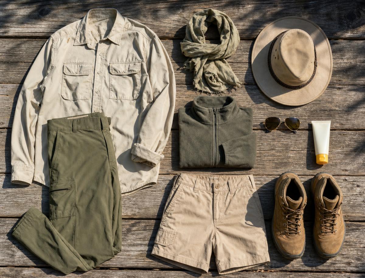 Neutral safari clothing flat-lay, khaki shirt, olive trousers, fleece, hat and boots