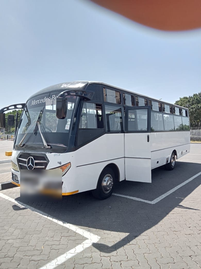 Front three quarter view of the Mercedes Benz tour coach