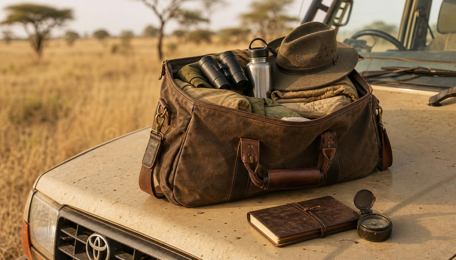 Safari duffel bag packed with binoculars, bush hat and water bottle on a Land Cruiser bonnet