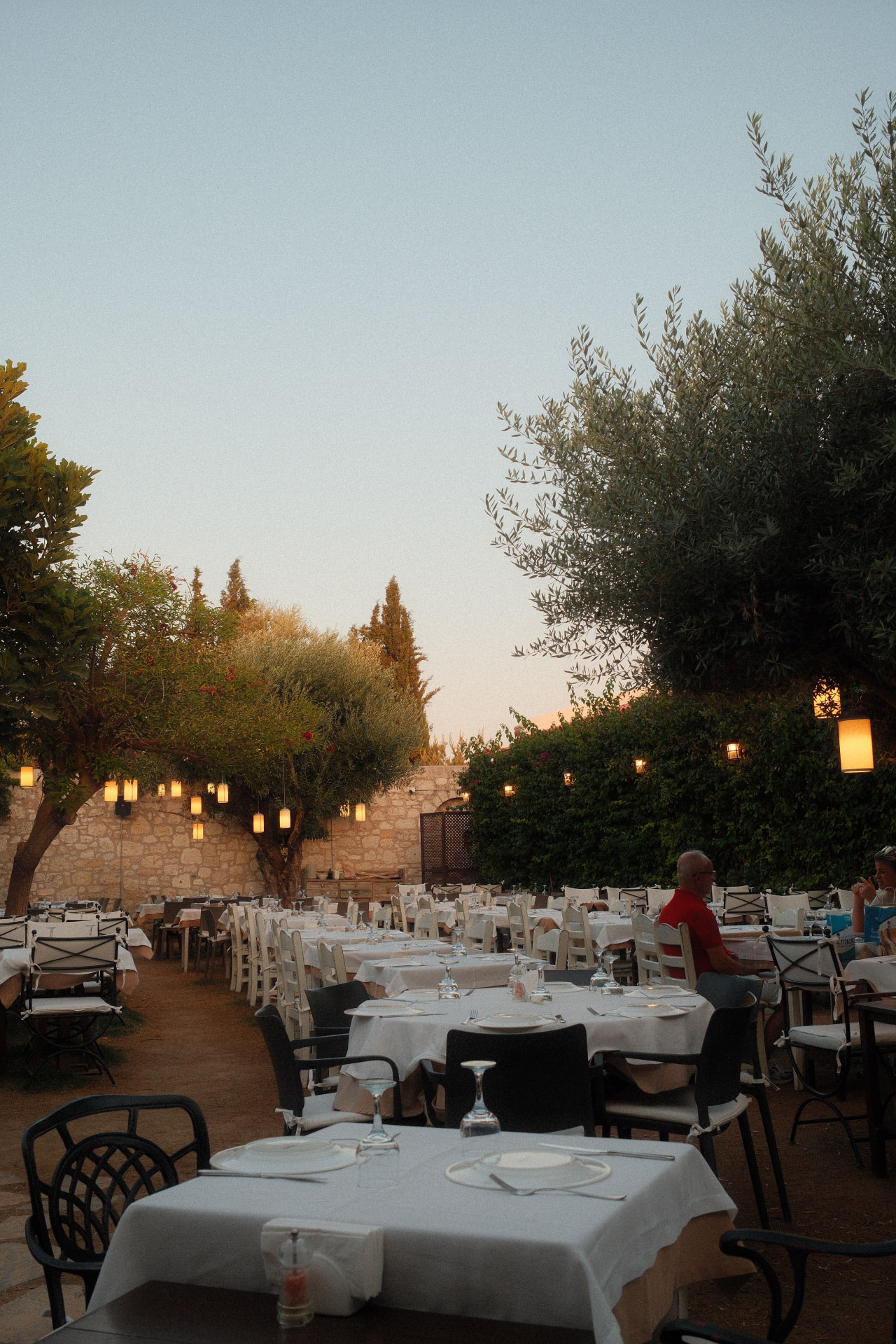 Lantern-lit courtyard dining under trees at dusk