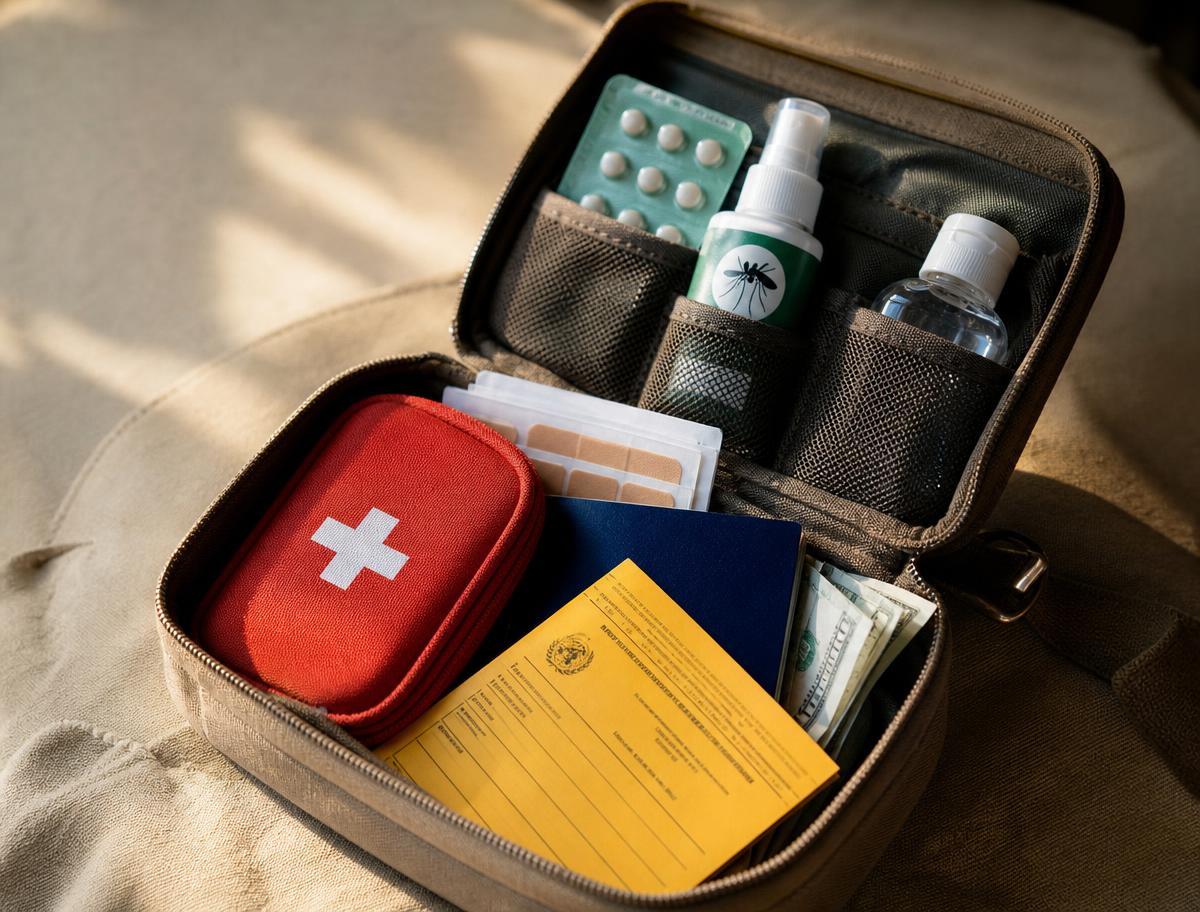 Small canvas pouch with first aid kit, repellent, passport and vaccination card